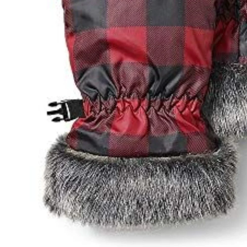 EDDIE BAUER SUN VALLEY DOWN BUFFALO PLAID FAUX FUR TRIMMED GLOVES SMALL EUC